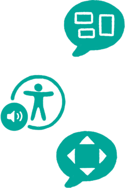 Three Apple accessibility icons, representing: VoiceOver, Spoken Content and Voice Control.
