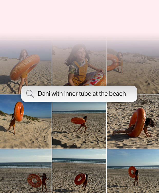 Feature Demonstration: Suchen in natürlicher Sprache in Fotos. Suchanfrage in der Fotos App mit den Ergebnissen für den Satz: „Katie mit Stickern auf dem Gesicht“