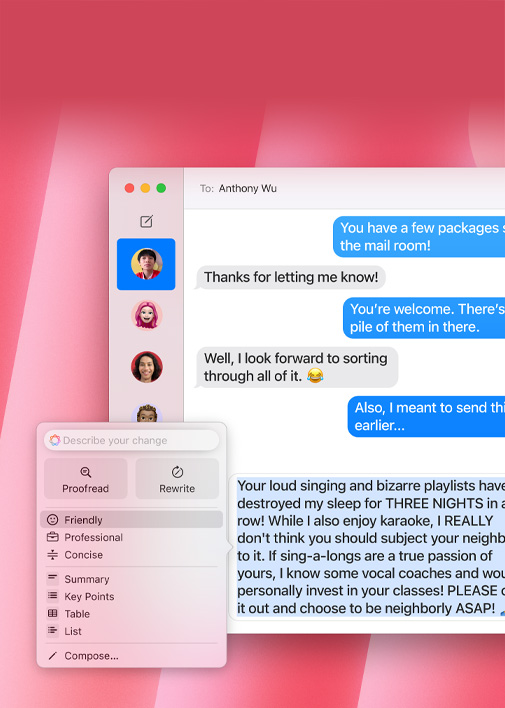 Writing Tools feature demonstration. The user’s initial email draft transforms into a more professional version using the Professional Tone option