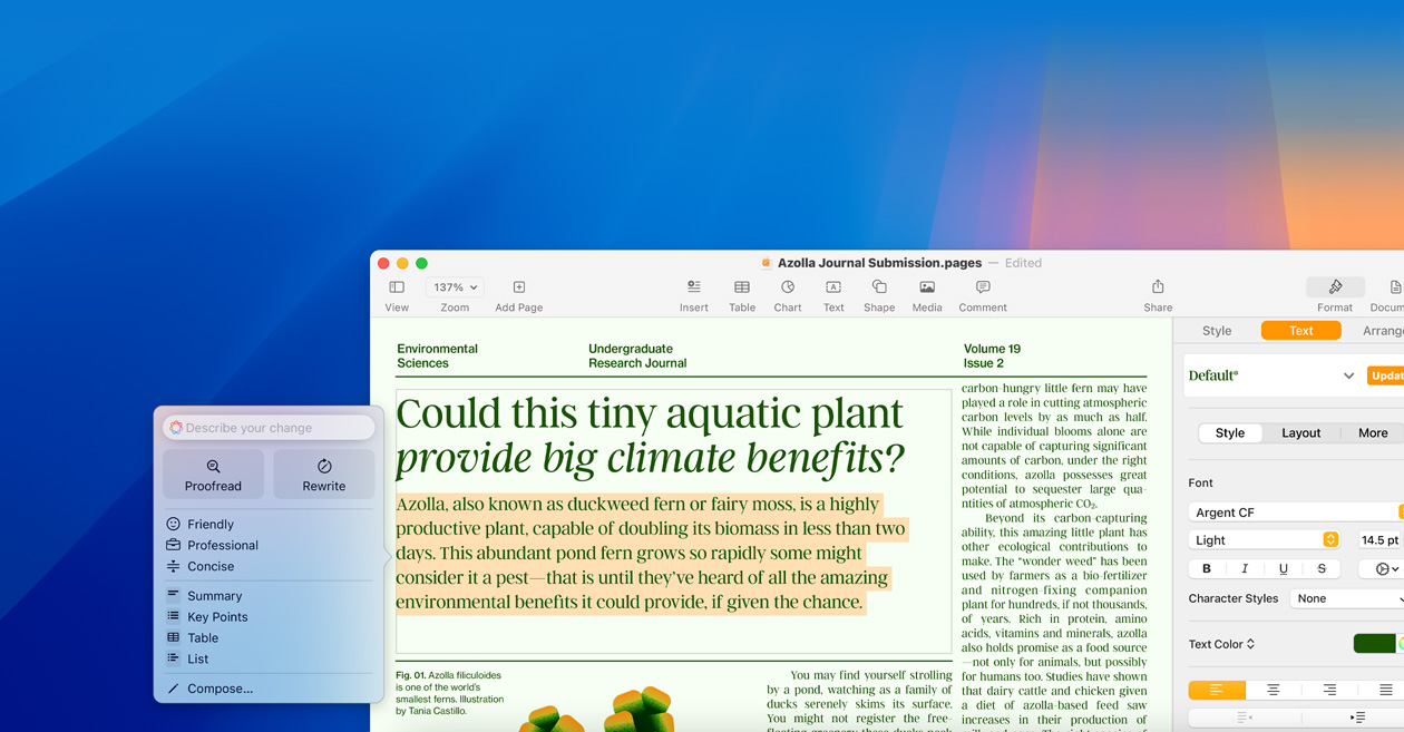Ein Display zeigt das Bearbeiten mit dem Schreibwerkzeuge Feature von Apple Intelligence