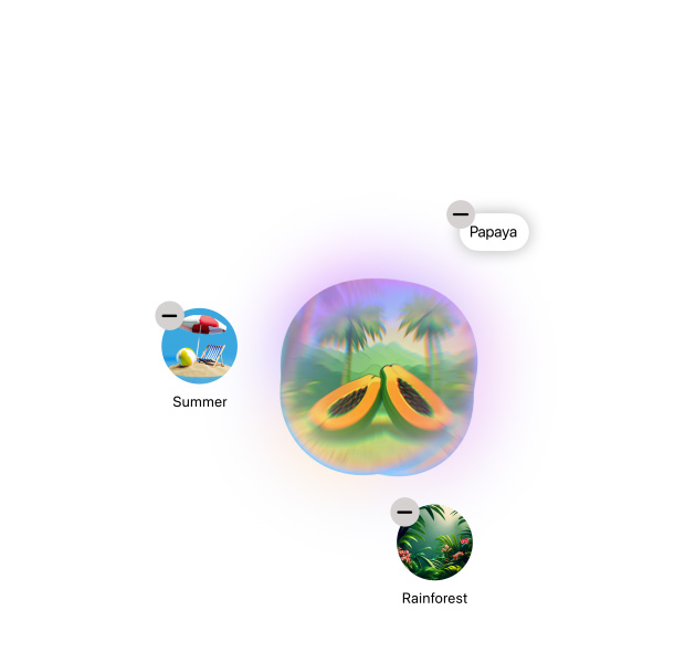 Feature Demonstration: Image Playground generiert mehrere Bilder anhand der Wörter „Papaya“, „Sommer“ und „Regenwald“