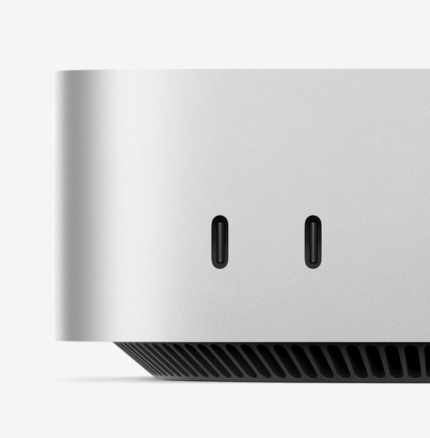 Pohled zblízka na přední stranu Macu mini s porty USB‑C