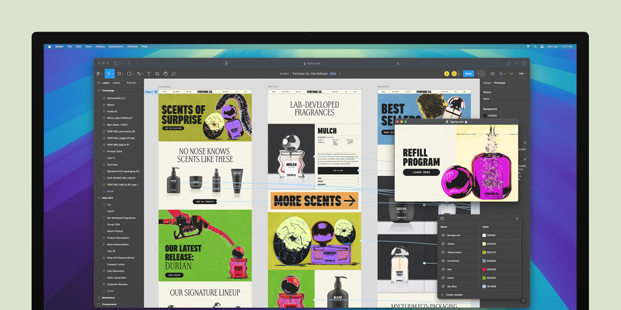 Monitor s otevřeným webovým prohlížečem Safari a rozpracovaným designérským projektem na stránce Figma.com