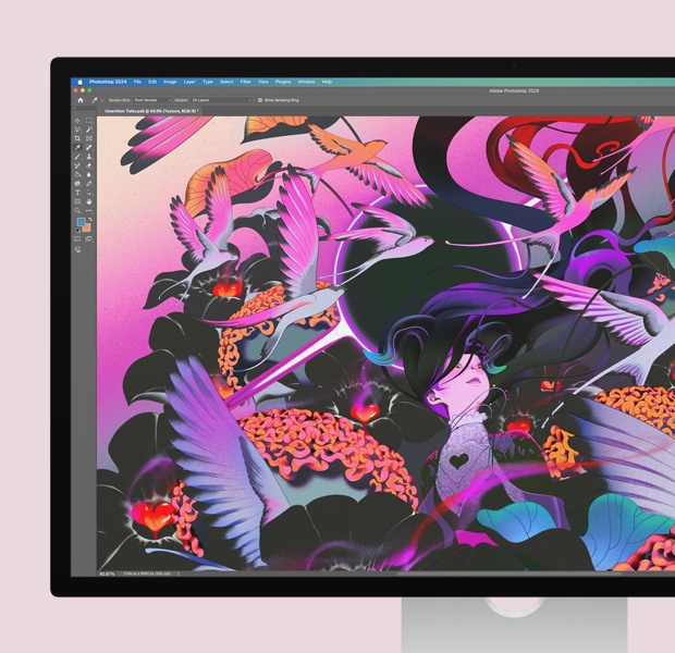 Obrazovka s barevným obrázkem otevřeným v Adobe Photoshopu