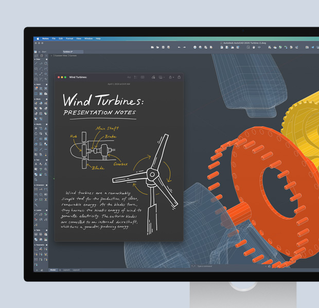 Monitor s otevřeným projektem v Autodesku AutoCAD a aplikací Poznámky s nákresy a popisky